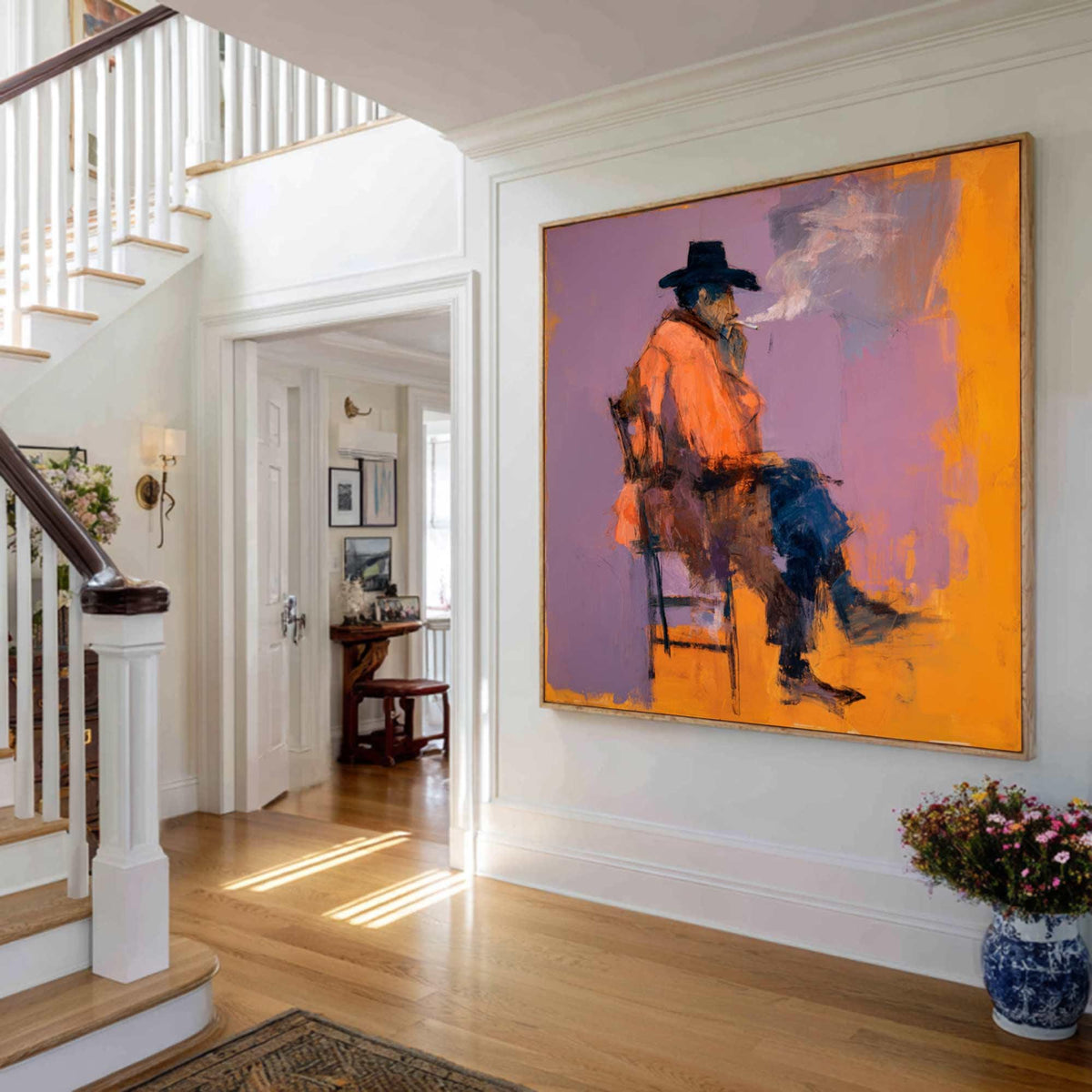 Original Expressionist Man in Hat Painting, Rugged Cowboy Smoking Wall Art, Contemporary Figurative Oil Art Modern Western Wall Decor