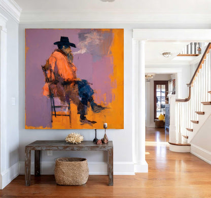 Original Expressionist Man in Hat Painting, Rugged Cowboy Smoking Wall Art, Contemporary Figurative Oil Art Modern Western Wall Decor