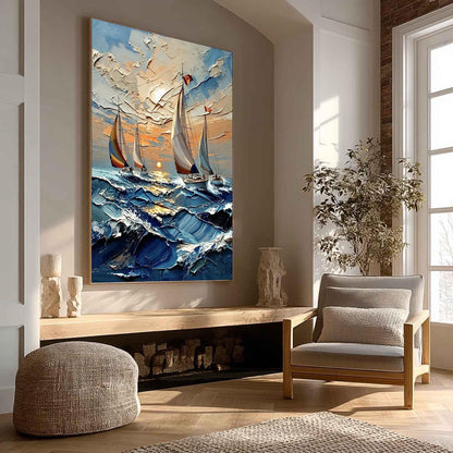 Impasto Sailboat Seascape Painting, Palette Knife Ocean Art, Textured Nautical Wall Decor, Coastal Canvas – Gold Beach Seasca