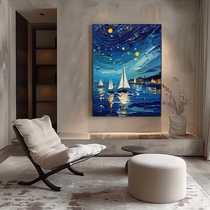 Gold Impasto Sailboat 3D Texture Wall Art – Night Seascape Painting