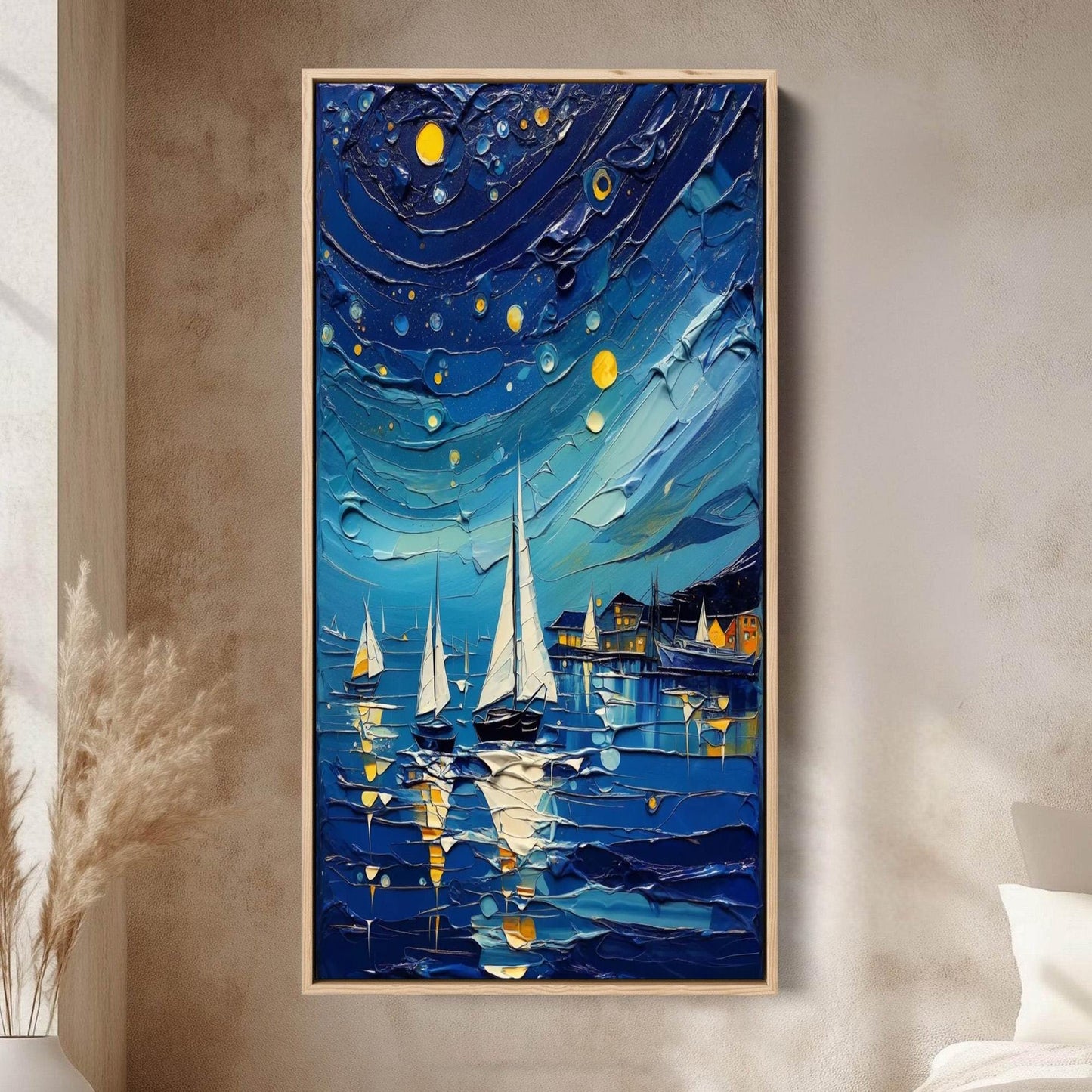 Gold Impasto Sailboat 3D Texture Wall Art – Night Seascape Painting
