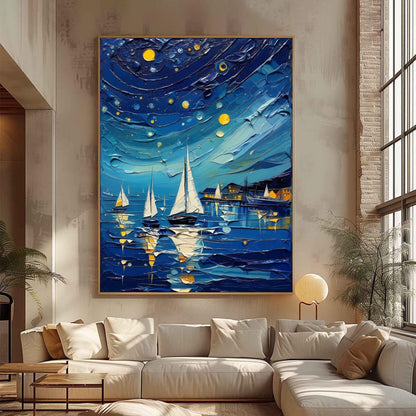 Impasto Night Sailboat Painting, Textured Nautical Canvas, Coastal Wall Art – Gold Sailboat 3D Texture Wall Art | Impasto Pai