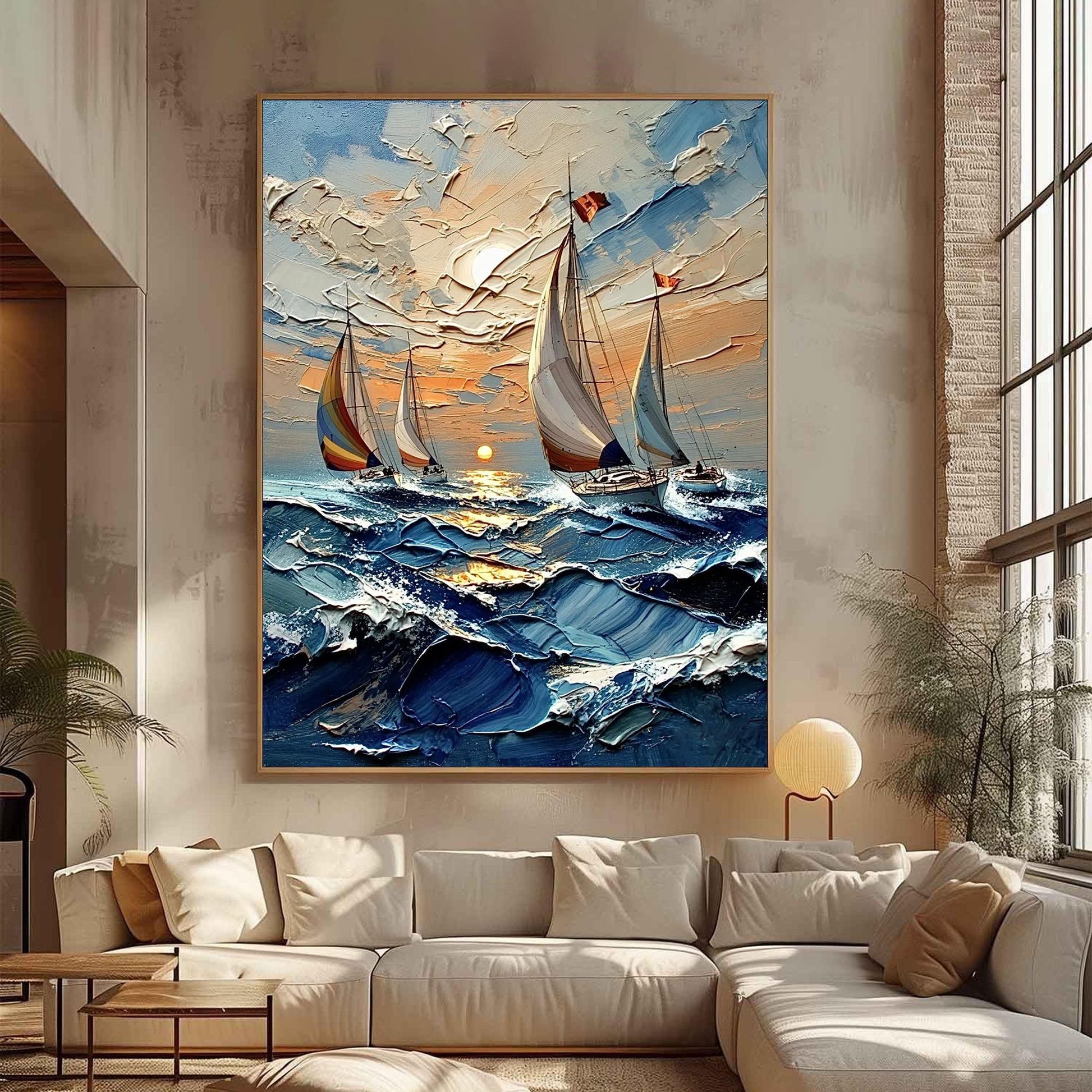 Impasto Sailboat Seascape Painting, Palette Knife Ocean Art, Textured Nautical Wall Decor, Coastal Canvas – Gold Beach Seasca