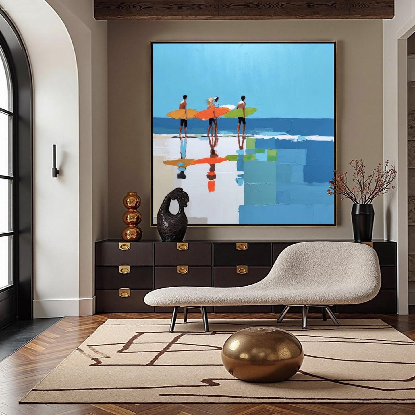 Colorful Beach Seascape Wall Art – Vibrant Beach Surfers Art Print, Coastal Wall Decor, Four Surfers Colorful Boards Calm Ocean