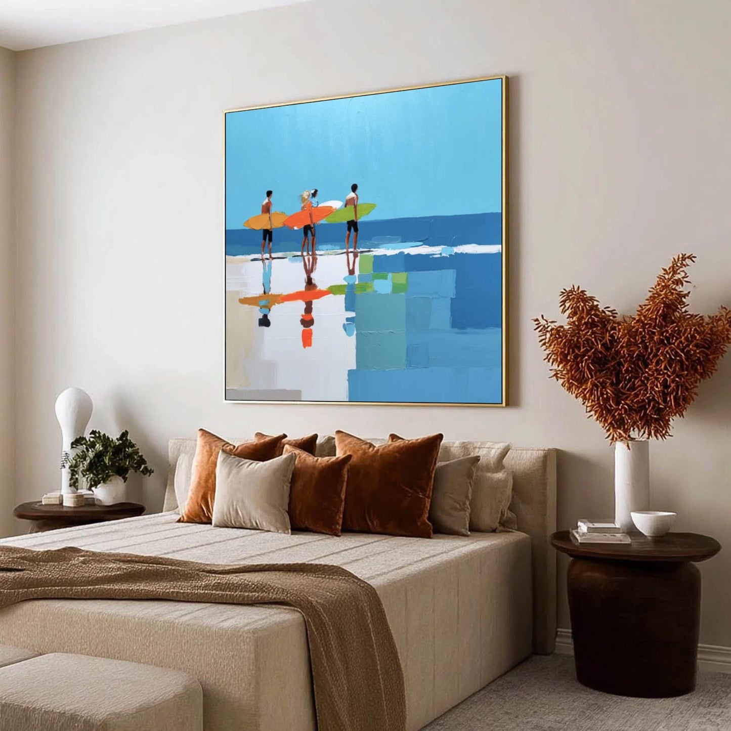 Vibrant Beach Surfers Art Print, Coastal Wall Decor, Four Surfers Colorful Boards Calm Ocean – Colorful Beach Seascape Wall A