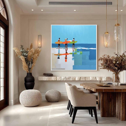 Colorful Beach Seascape Wall Art – Vibrant Beach Surfers Art Print, Coastal Wall Decor, Four Surfers Colorful Boards Calm Ocean