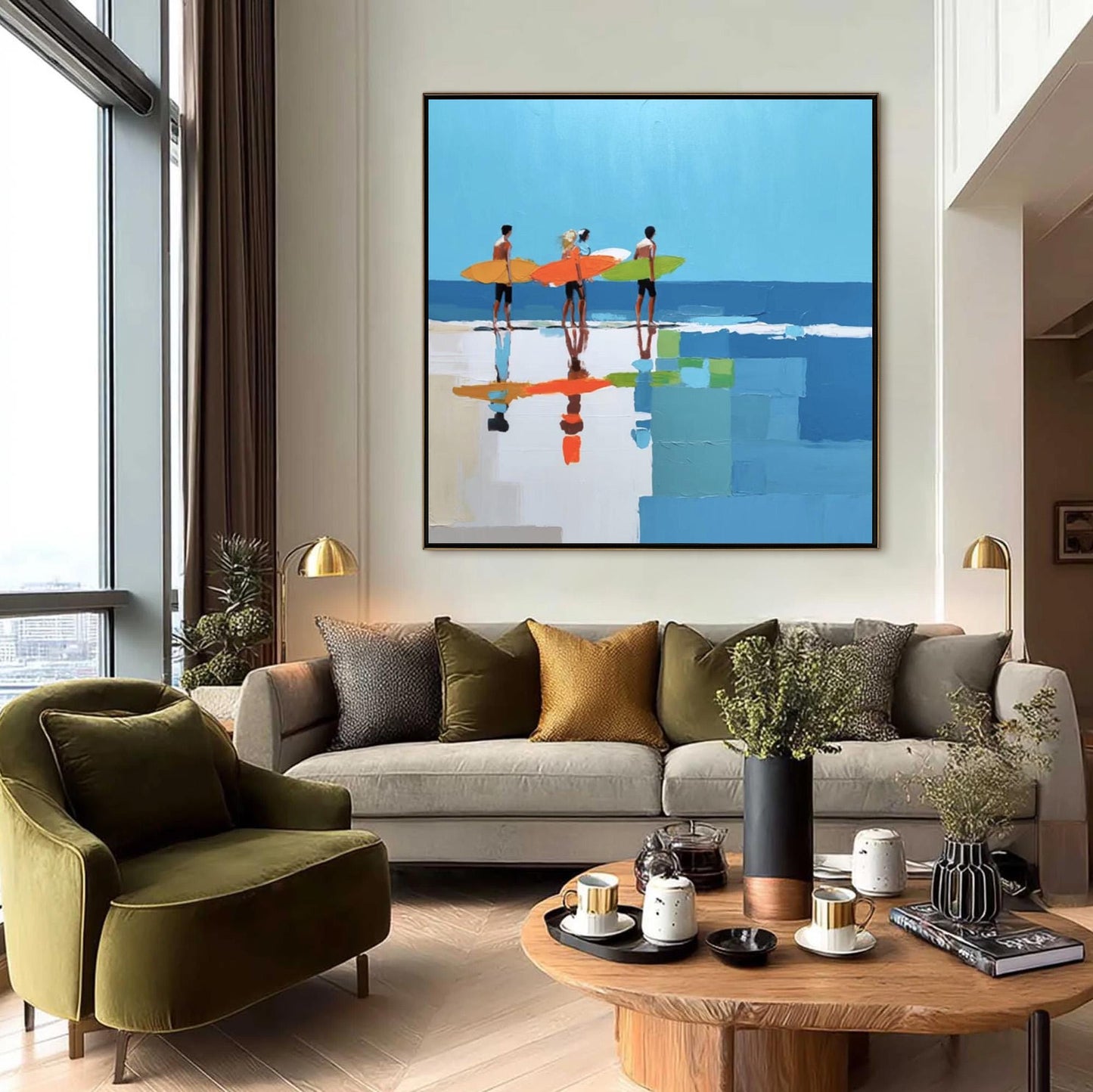 Vibrant Beach Surfers Art Print, Coastal Wall Decor, Four Surfers Colorful Boards Calm Ocean – Colorful Beach Seascape Wall A