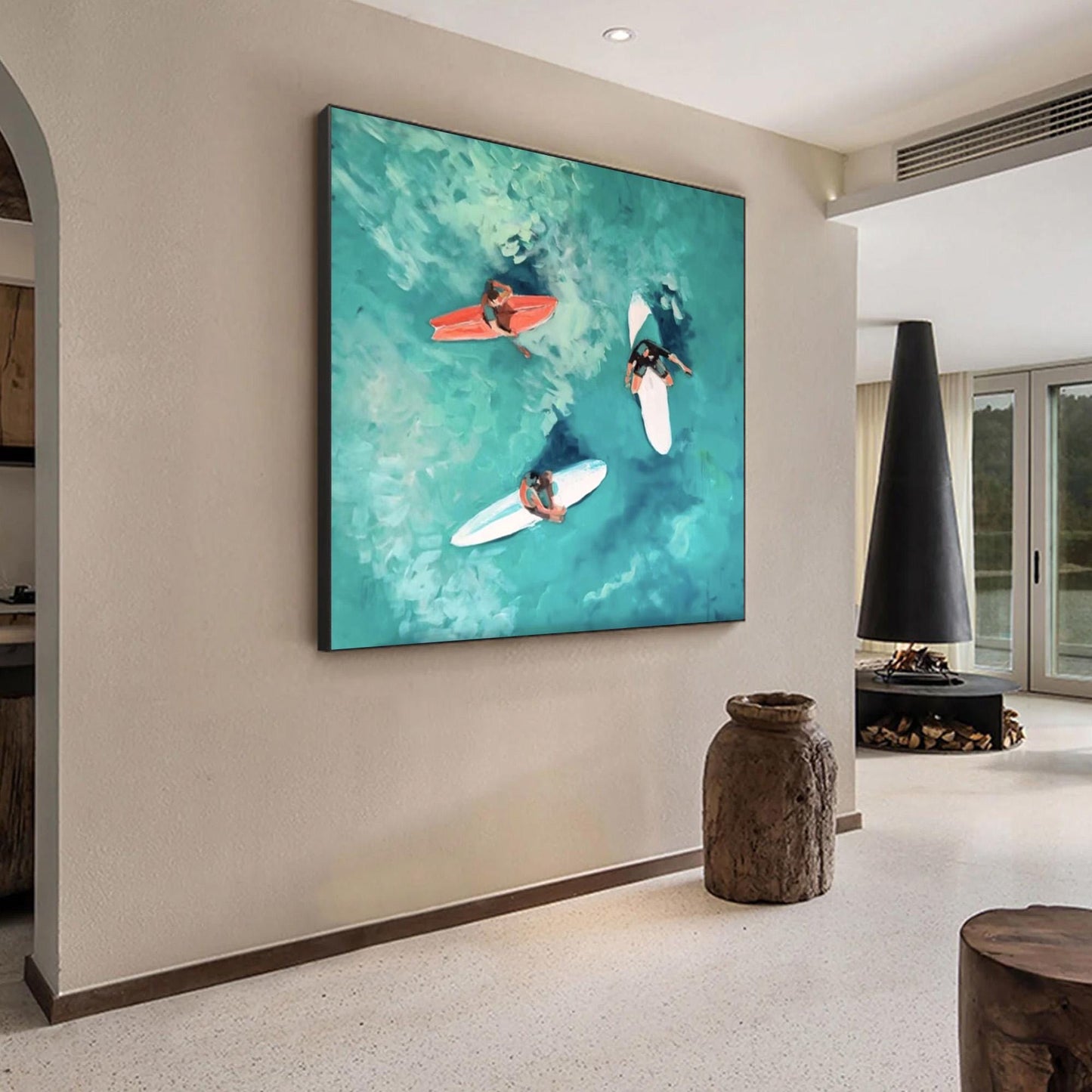 Aerial Surfing Art, Three Surfers, Turquoise Waves, Hand-Painted Coastal Painting – Turquoise Seascape Wall Art | Hand-Painte