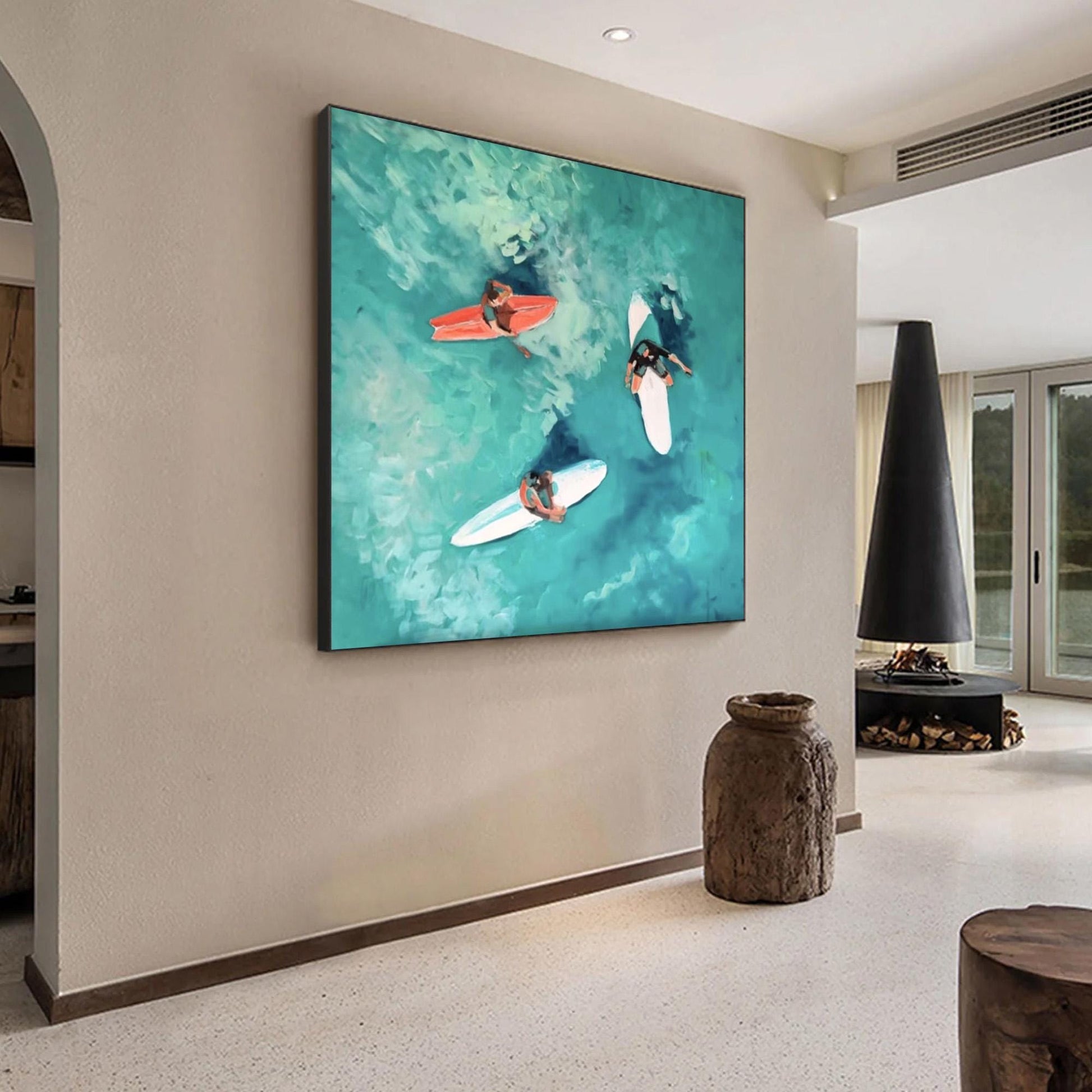 Aerial Surfing Art, Three Surfers, Turquoise Waves, Hand-Painted Coastal Painting – Turquoise Seascape Wall Art | Hand-Painte
