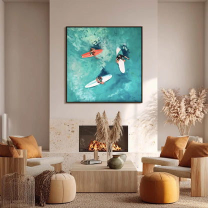 Turquoise Impressionist Seascape Wall Art – Aerial Surfing Art, Three Surfers, Turquoise Waves, Hand-Painted Coastal Painting