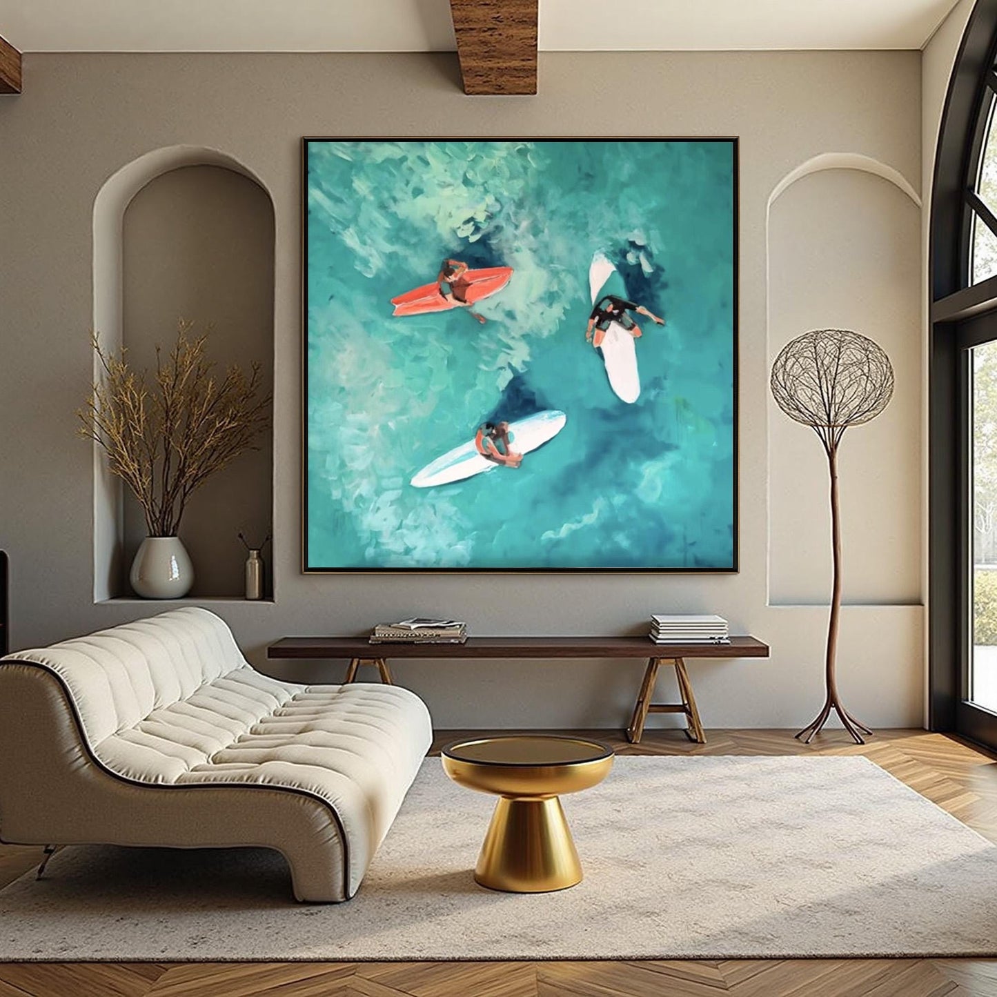 Turquoise Impressionist Seascape Wall Art – Aerial Surfing Art, Three Surfers, Turquoise Waves, Hand-Painted Coastal Painting