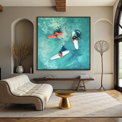 Turquoise Impressionist Seascape Wall Art – Aerial Surfing Art, Three Surfers, Turquoise Waves, Hand-Painted Coastal Painting