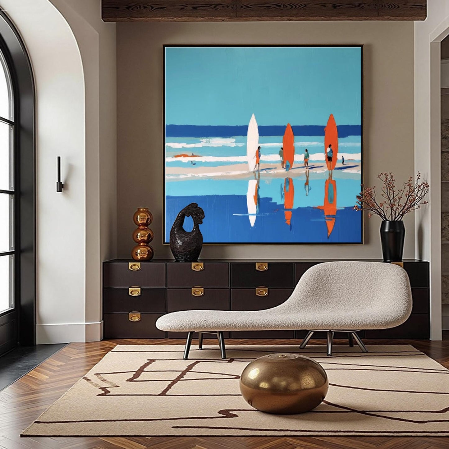 Vibrant Beach Surfing Print, Four Surfers, Colorful Boards, Coastal Wall Decor – Colorful Beach Seascape Wall Art | Painting,