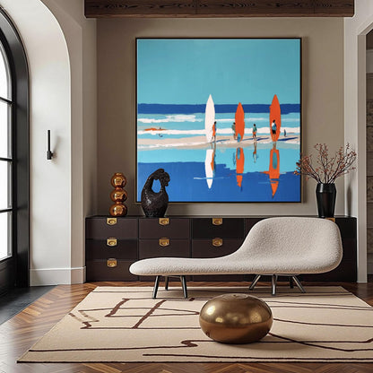Vibrant Beach Surfing Print, Four Surfers, Colorful Boards, Coastal Wall Decor – Colorful Beach Seascape Wall Art | Painting,