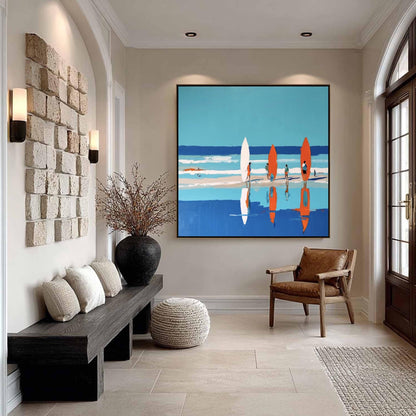 Vibrant Beach Surfing Print, Four Surfers, Colorful Boards, Coastal Wall Decor – Colorful Beach Seascape Wall Art | Painting,