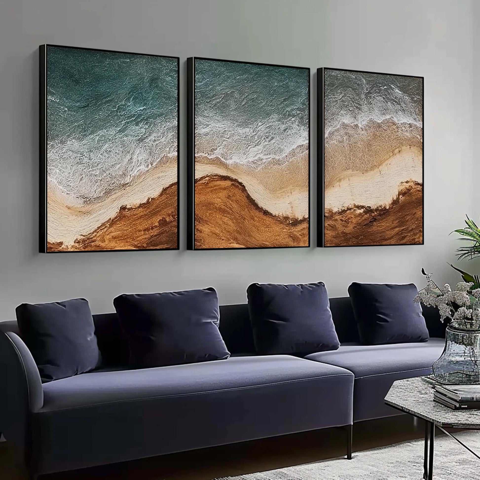 Abstract Ocean Wave Triptych – Ocean Wave Seascape Wall Art | Abstract Textured Painting, view 2