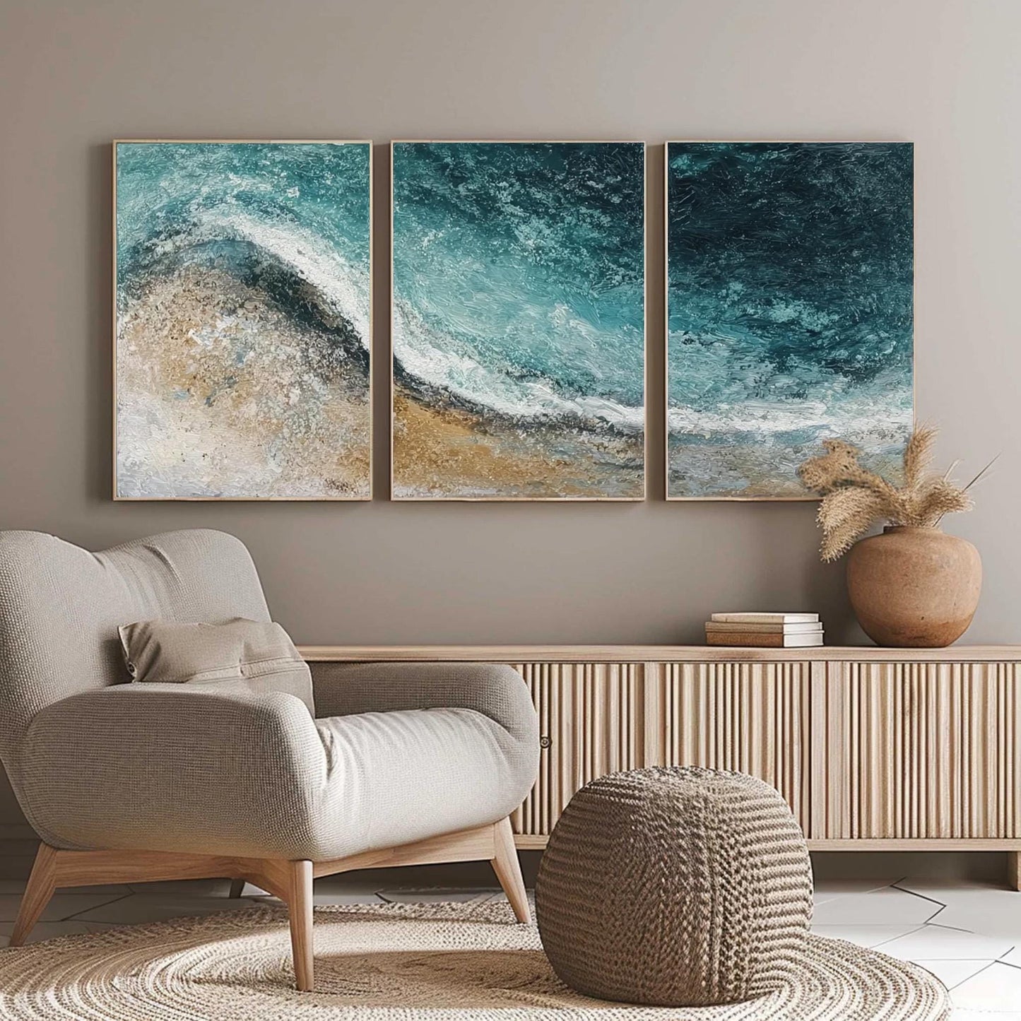 Textured Ocean Wave Triptych – Ocean Wave Seascape Wall Art | Abstract Textured Painting, view 3