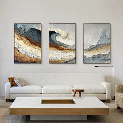 Abstract Textured Beach Seascape Wall Art – Textured Wave Triptych