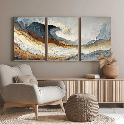 Textured Wave Triptych – Beach Seascape Wall Art | Abstract Textured Painting, view 5