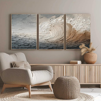 Textured Ocean Wave Triptych – Ocean Wave Seascape Wall Art | Abstract Textured Painting, view 5