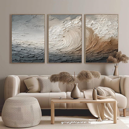Abstract Textured Ocean Wave Seascape Wall Art – Textured Ocean Wave Triptych