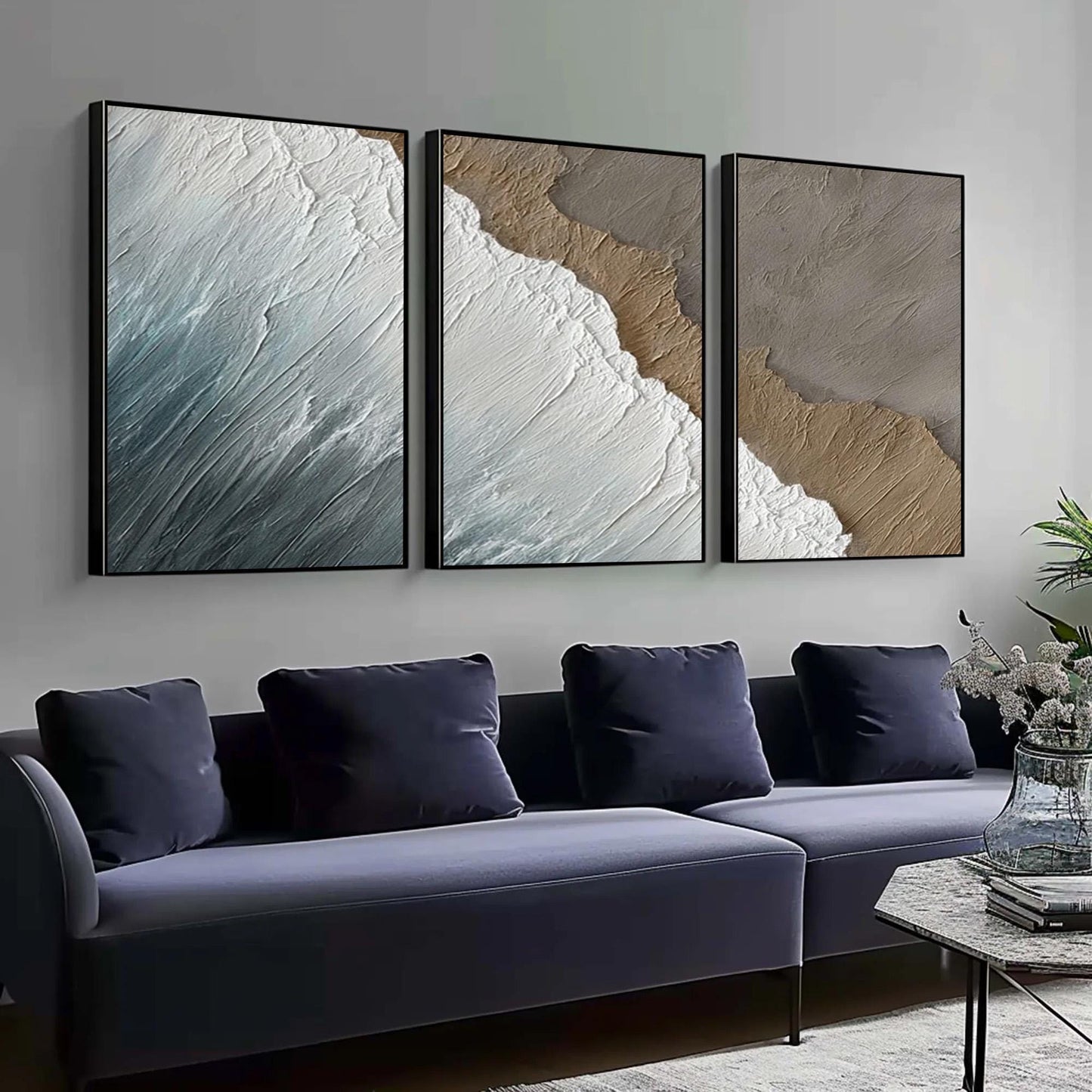 Textured Wave Triptych – Beach Seascape Wall Art | Abstract Textured Painting, view 2