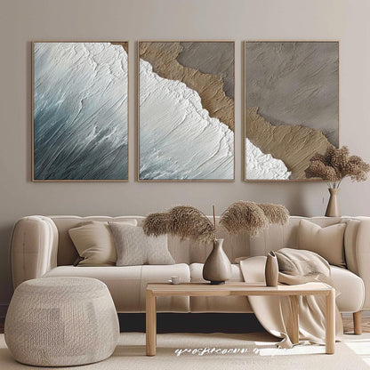Abstract Textured Beach Seascape Wall Art – Textured Wave Triptych