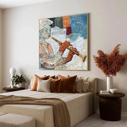 Textured Flute Player Mixed Media Painting – Abstract Wall Art | Textured Mixed Media Painting, view 3