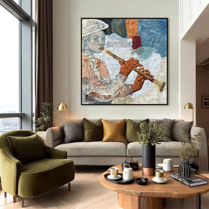 Textured Abstract Wall Art – Flute Player Mixed Media Painting