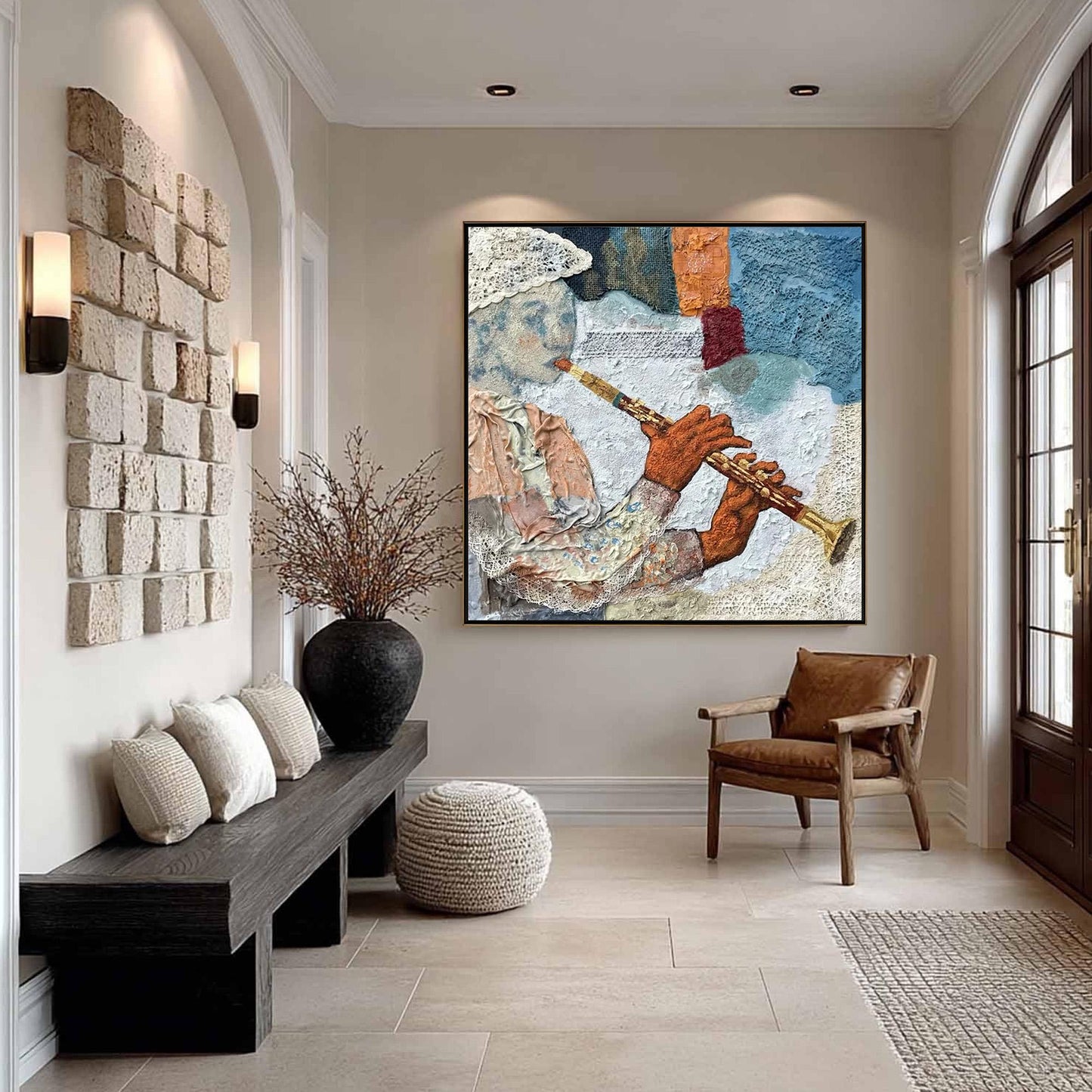 Textured Abstract Wall Art – Flute Player Mixed Media Painting
