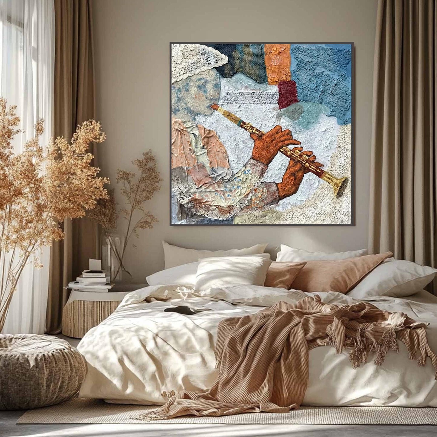 Textured Abstract Wall Art – Flute Player Mixed Media Painting