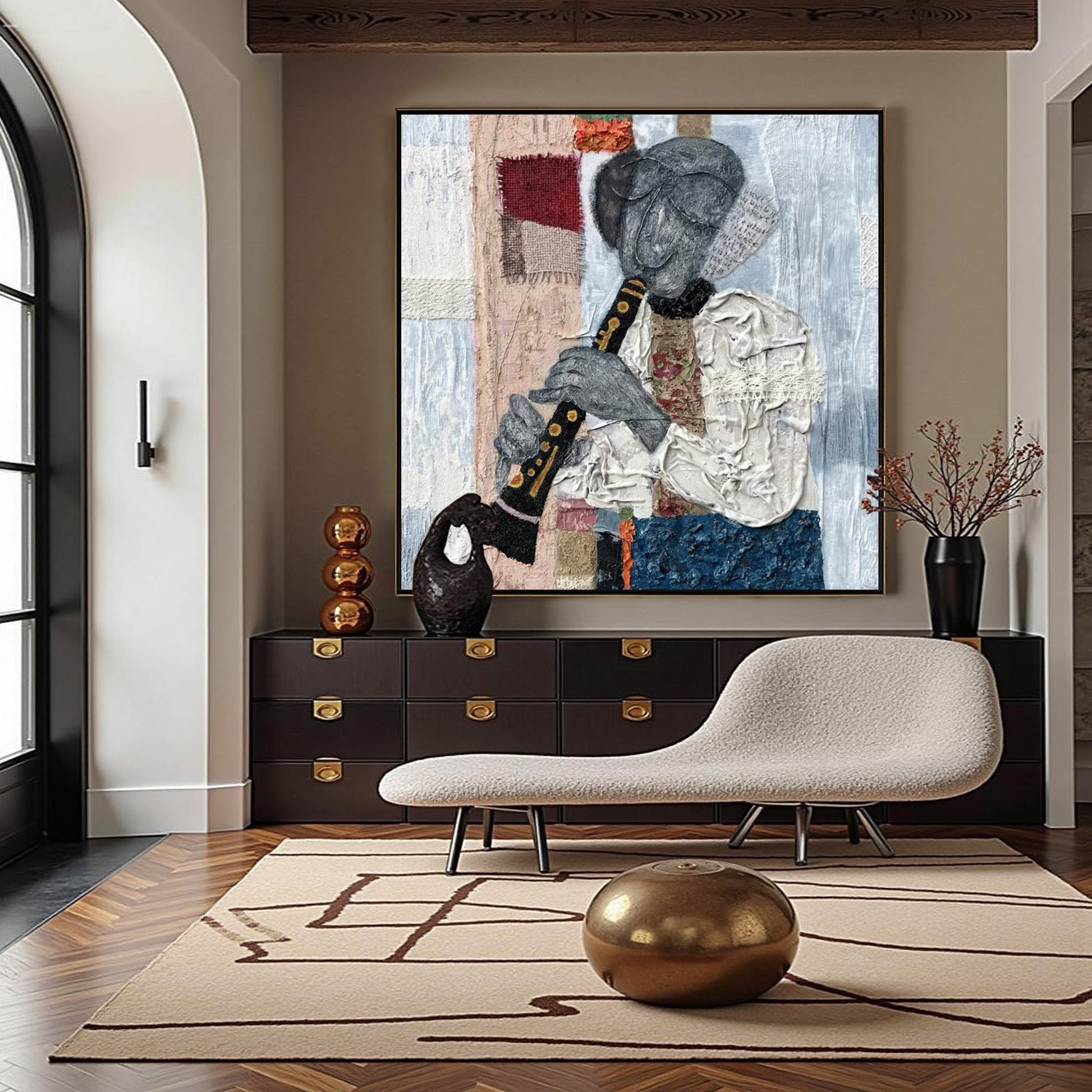 Textured Mixed Media Flute Player Painting – Abstract Wall Art | Textured Mixed Media Painting, view 4