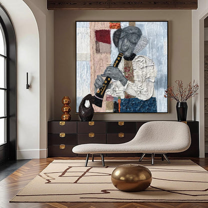 Textured Mixed Media Flute Player Painting – Abstract Wall Art | Textured Mixed Media Painting, view 4