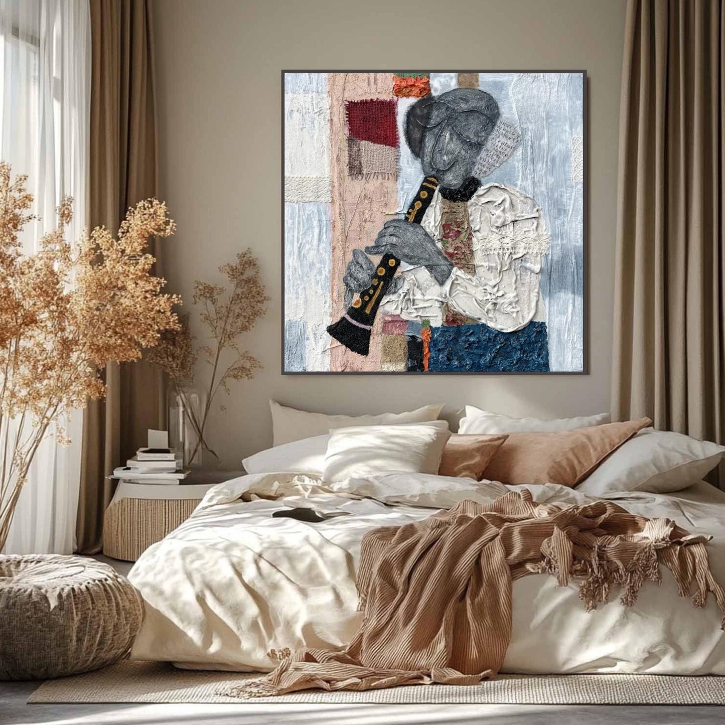 Textured Mixed Media Flute Player Abstract Wall Art