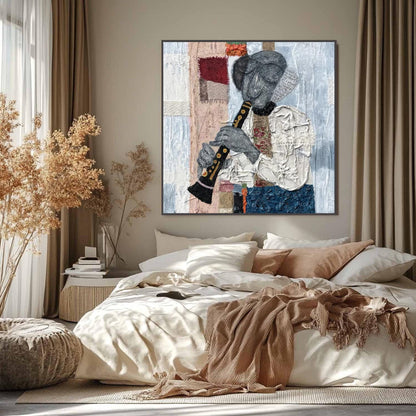 Textured Mixed Media Flute Player Abstract Wall Art