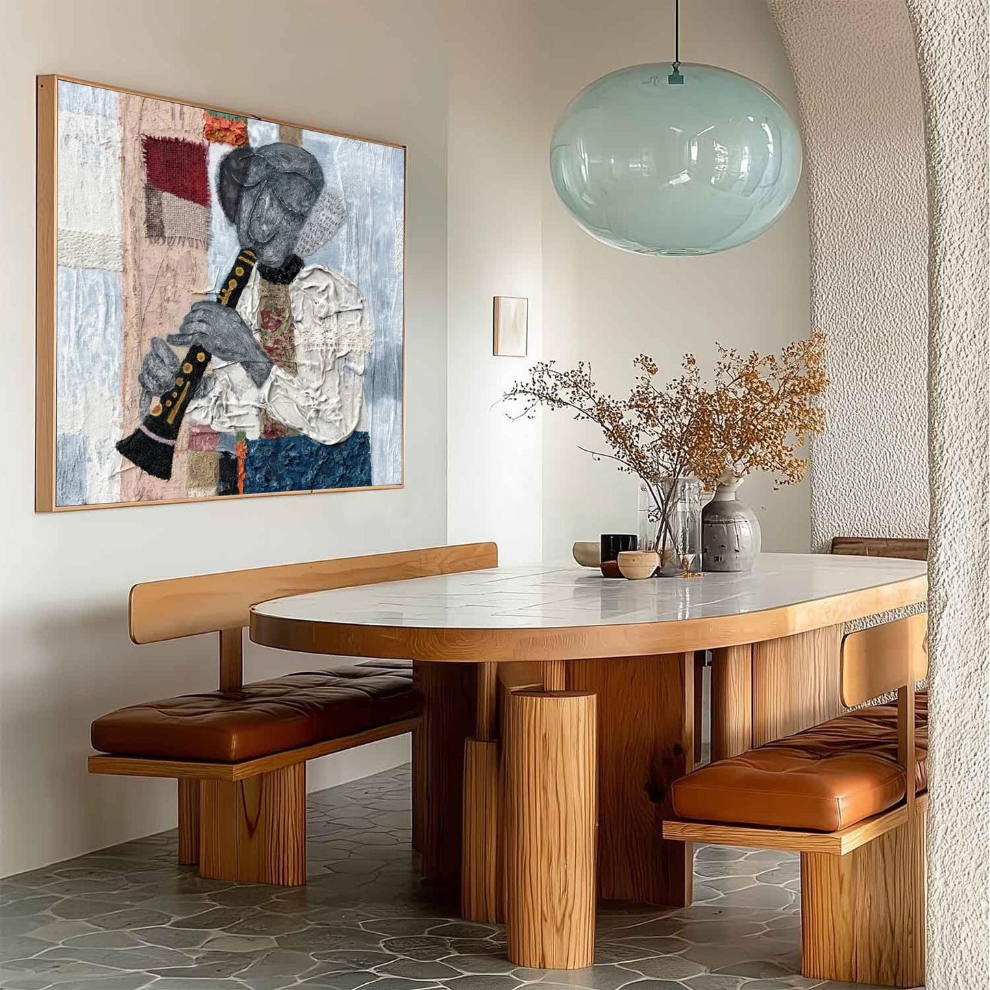 Textured Mixed Media Flute Player Painting – Abstract Wall Art | Textured Mixed Media Painting, view 3