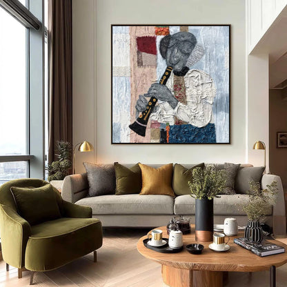 Textured Mixed Media Flute Player Abstract Wall Art