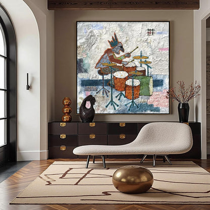 Abstract Figure Portrait Wall Art – Textural Mixed Media Drummer Painting