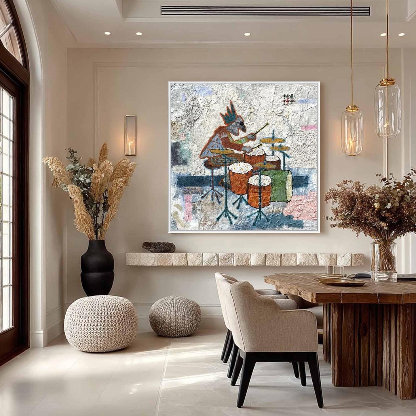 Abstract Figure Portrait Wall Art – Textural Mixed Media Drummer Painting