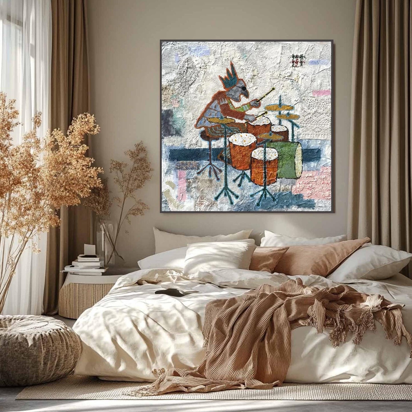 Abstract Figure Portrait Wall Art – Textural Mixed Media Drummer Painting