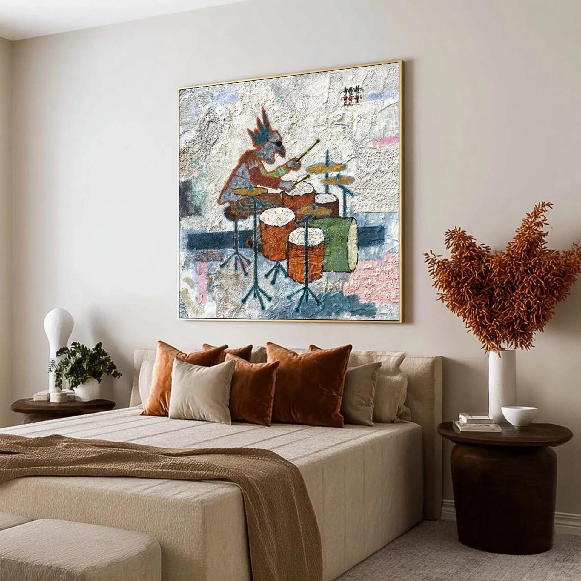 Textural Mixed Media Drummer Painting – Couple Figure Portrait Wall Art | Abstract Mixed Media Painting, view 3