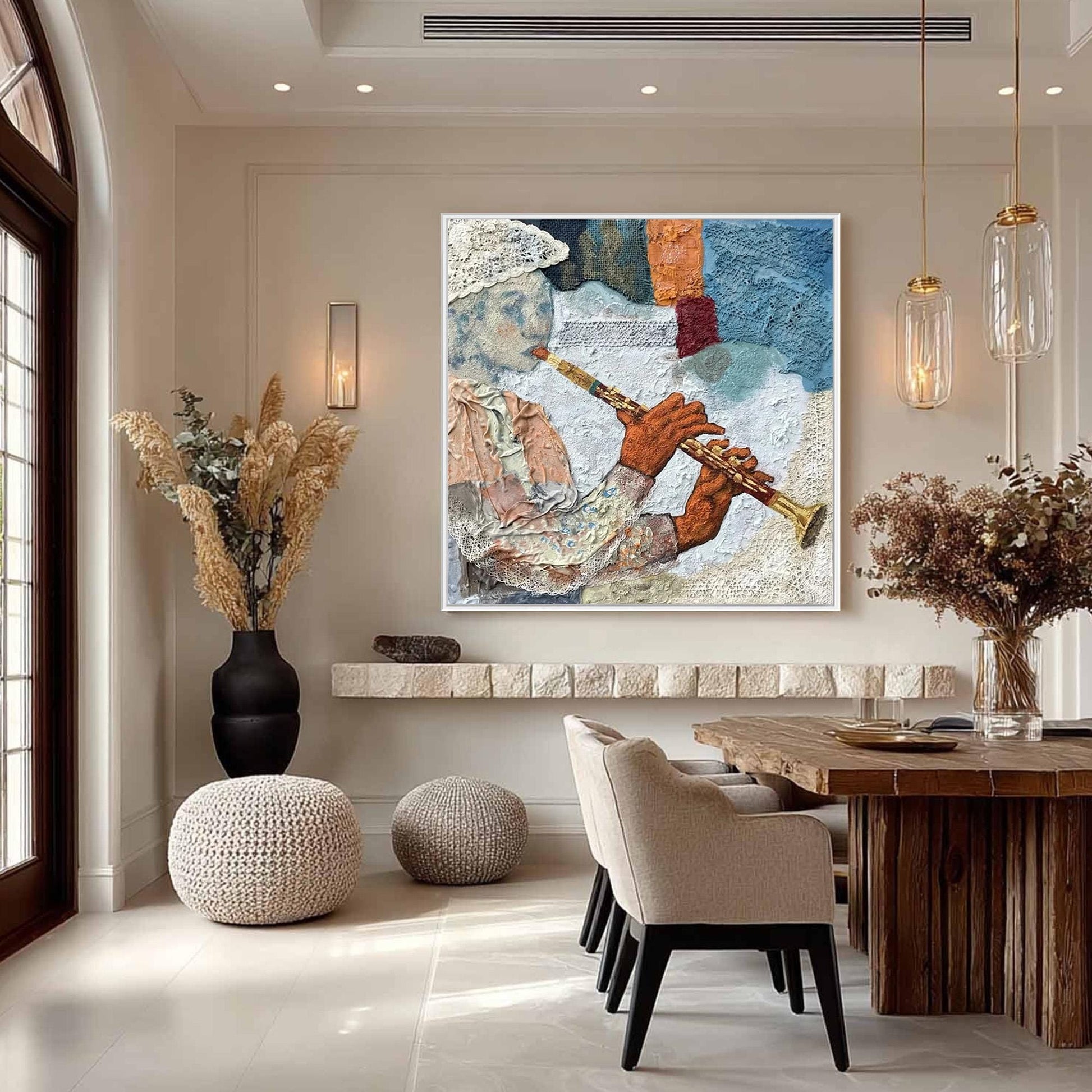 Textured Flute Player Mixed Media Painting – Abstract Wall Art | Textured Mixed Media Painting, view 1