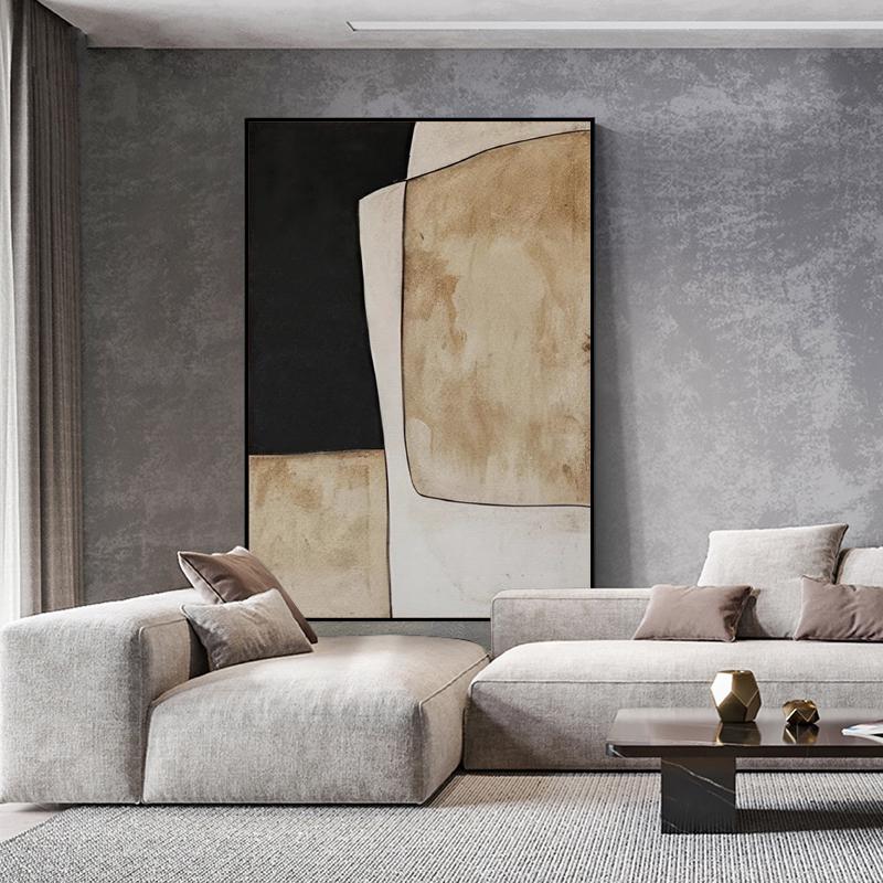 Beige and Black Abstract Oil Painting on Canvas, Original Geometric Canvas Wall Art, Modern Hand-painted Minimalist Art for Living Room
