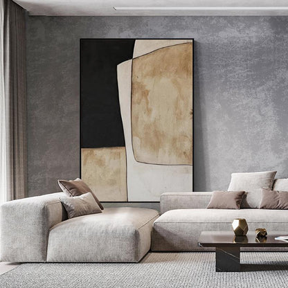 Beige and Black Abstract Oil Painting on Canvas, Original Geometric Canvas Wall Art, Modern Hand-painted Minimalist Art for Living Room