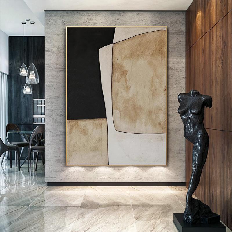 Beige and Black Abstract Oil Painting on Canvas, Original Geometric Canvas Wall Art, Modern Hand-painted Minimalist Art for Living Room