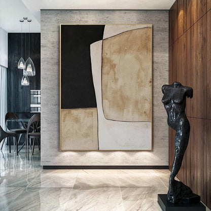 Beige and Black Abstract Oil Painting on Canvas, Original Geometric Canvas Wall Art, Modern Hand-painted Minimalist Art for Living Room