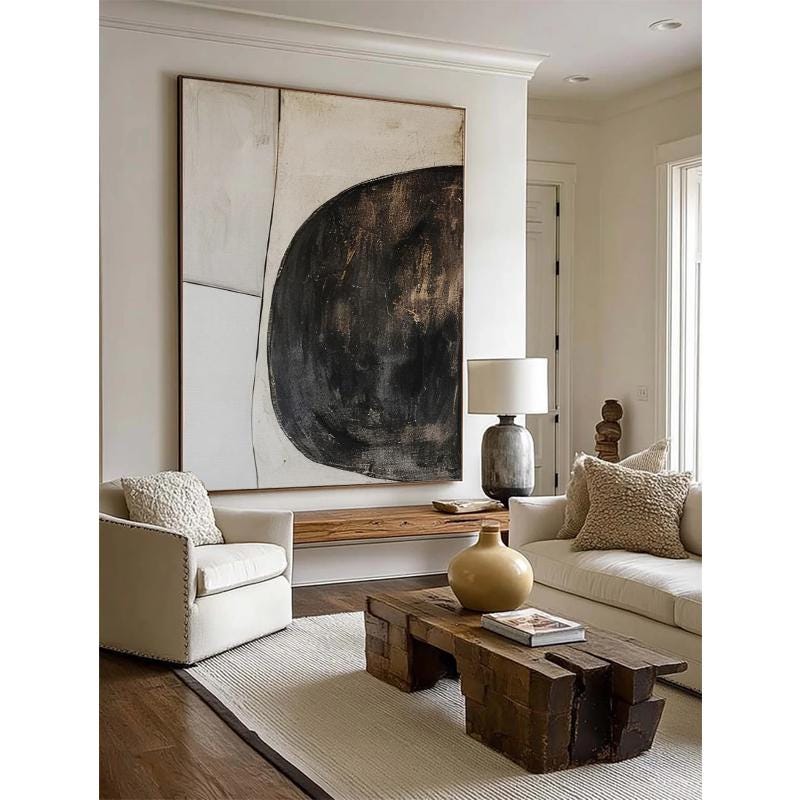 Beige and Black Abstract Oil Painting on Canvas, Original Geometric Canvas Wall Art, Modern Hand-painted Minimalist Art for Living Room