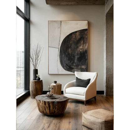 Beige and Black Abstract Oil Painting on Canvas, Original Geometric Canvas Wall Art, Modern Hand-painted Minimalist Art for Living Room