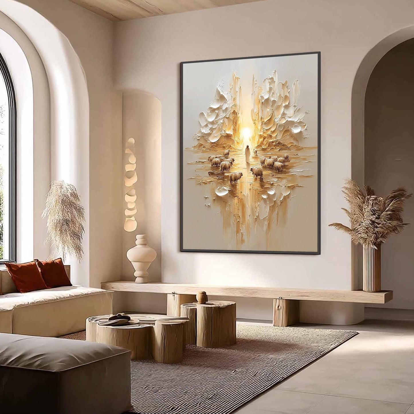 Textured Oil Painting, Jesus Shepherd with Sheep, Christian Wall Art, Home Decor – Gold Abstract 3D Texture Wall Art | Textur