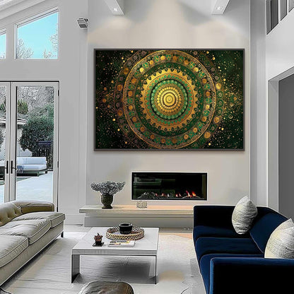Green and Gold Abstract Boho Wall Art – Golden Green Mandala Art, Intricate Boho Wall Decor, Meditation Yoga Studio Canvas